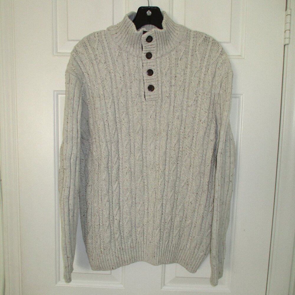 Tasso Elba Mens L/S Oatmeal Cotton Cable Knit Pullover Sweater - Size Medium